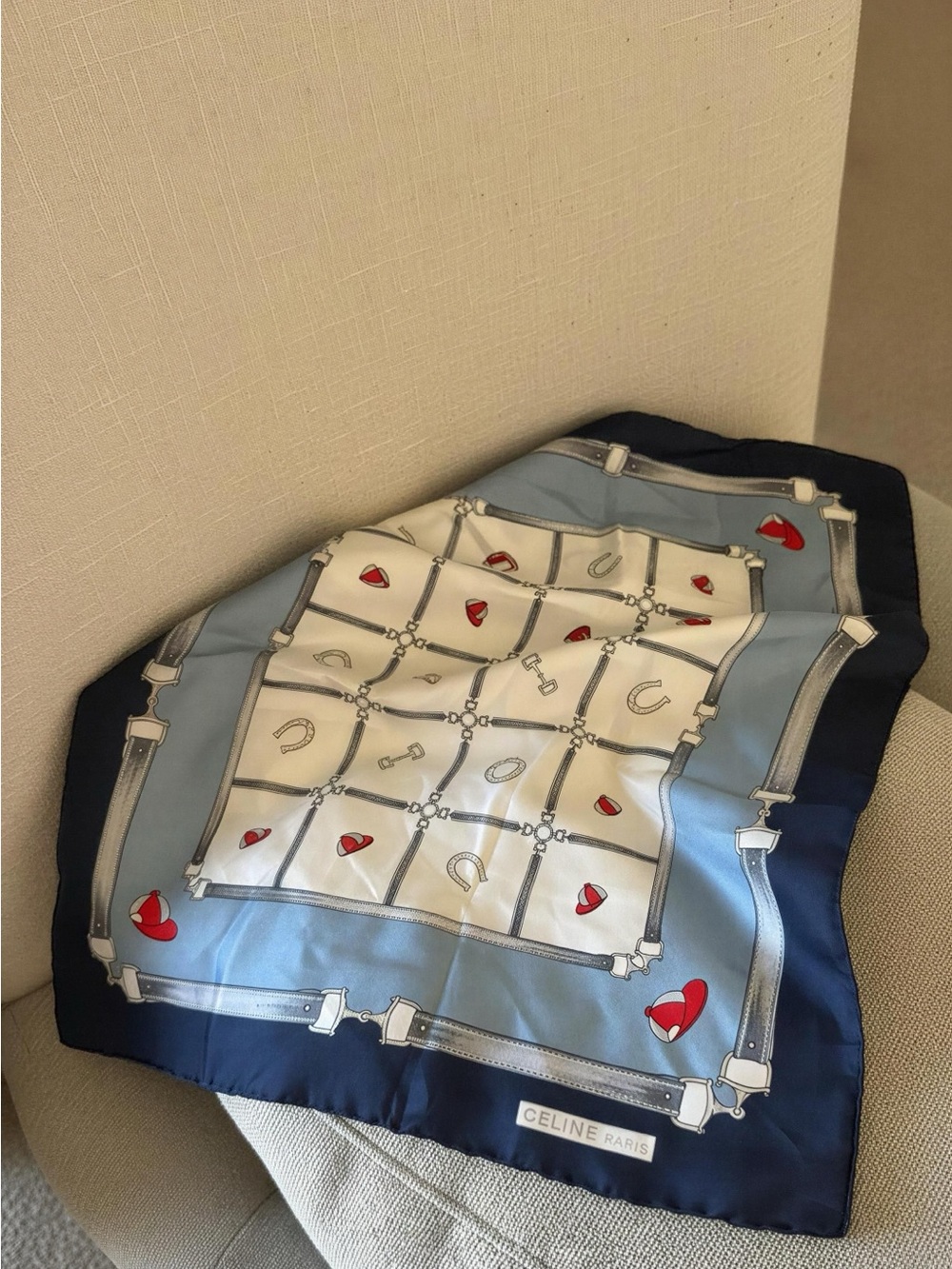 Celine Silk Scarf in Navy, Light Blue, Cream with Red Accents